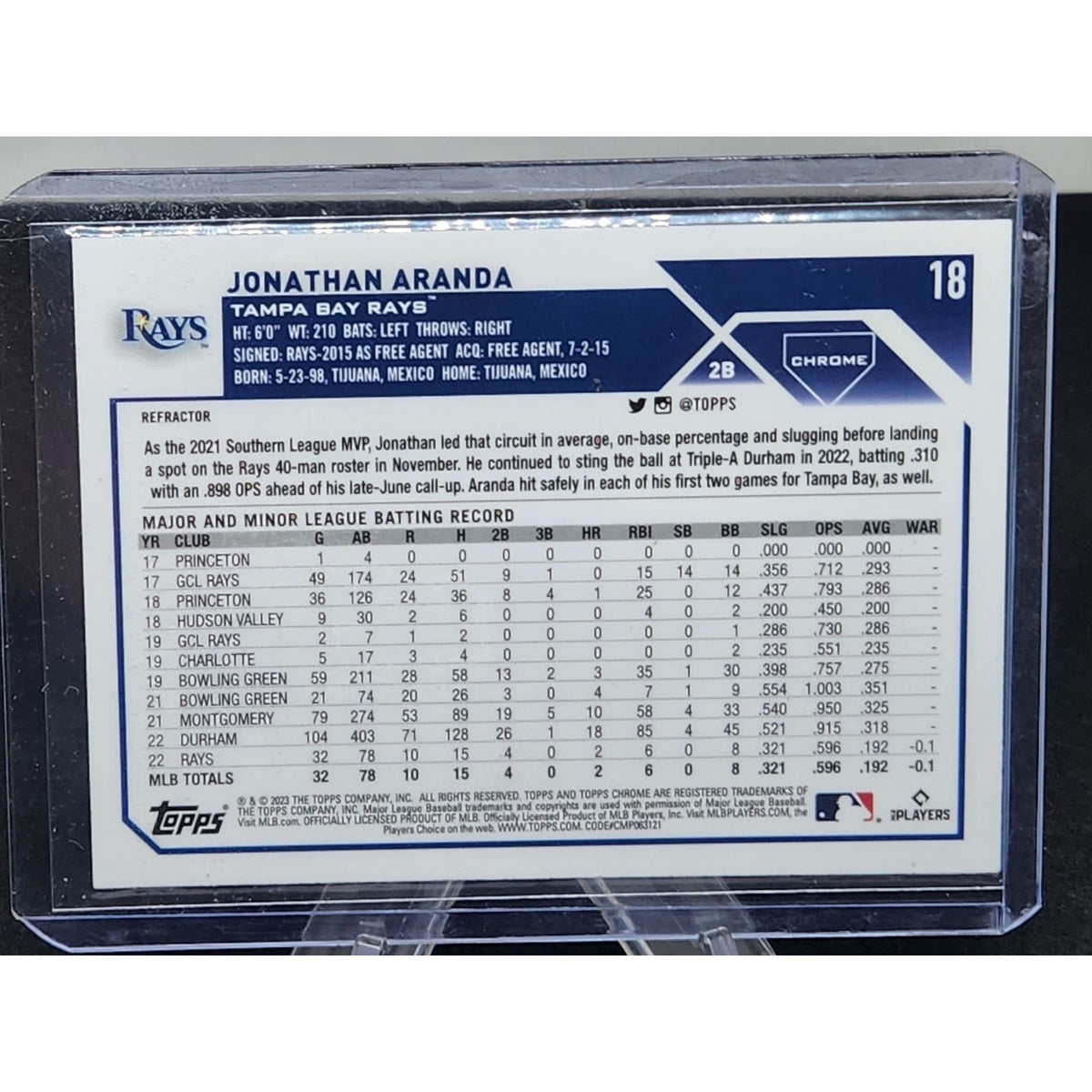 2023 Topps Chrome Jonathan Aranda Tampa Bay Rays Refractor Rookie RC #18