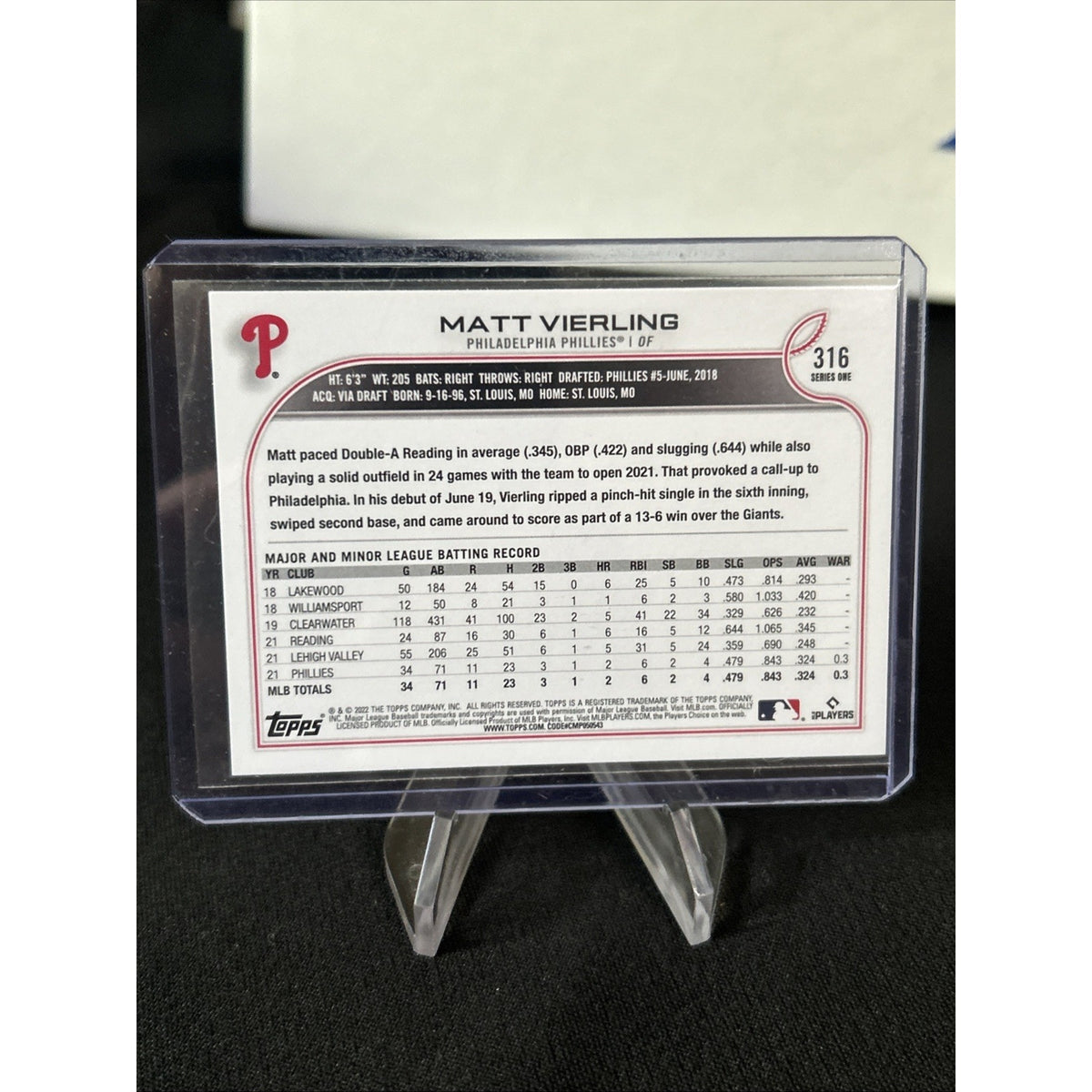MATT VIERLING 2022 TOPPS BASEBALL SERIES 1 BLUE BORDER PARALLEL RC #316 B-16