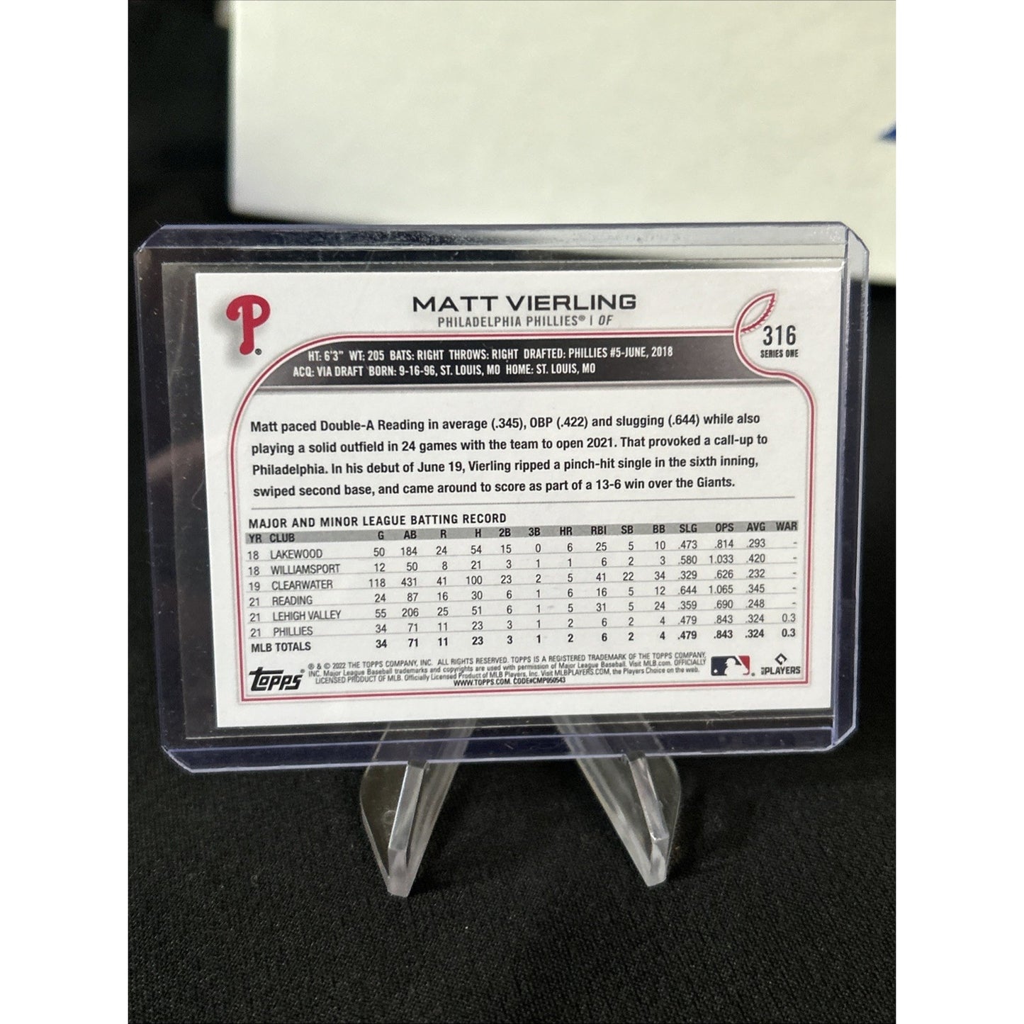 MATT VIERLING 2022 TOPPS BASEBALL SERIES 1 BLUE BORDER PARALLEL RC #316 B-16