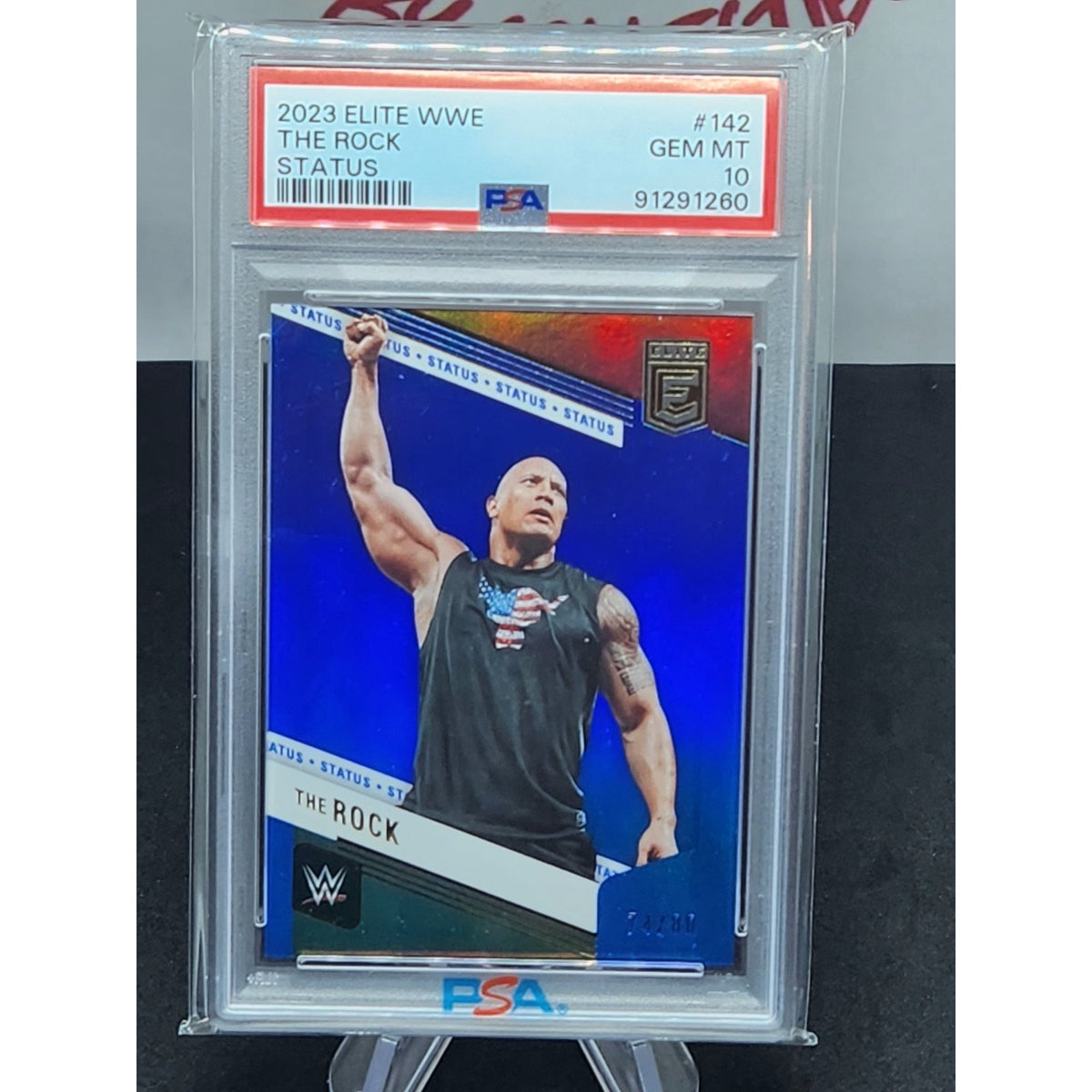 THE ROCK 2023 DONRUSS ELITE WWE SP BLUE STATUS #74/80 PSA 10 POP 1
