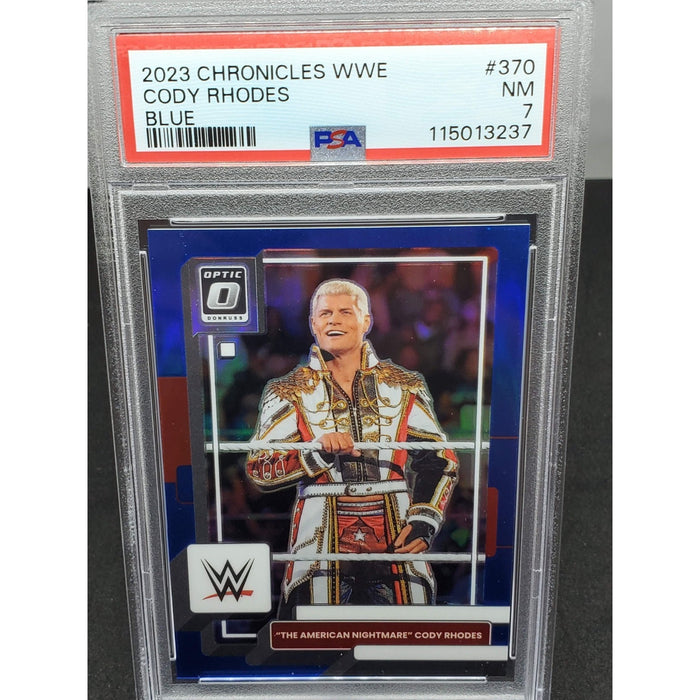 2023 Panini Chronicles Donruss Optic WWE Cody Rhodes Blue Prizm /99 #370 PSA 7
