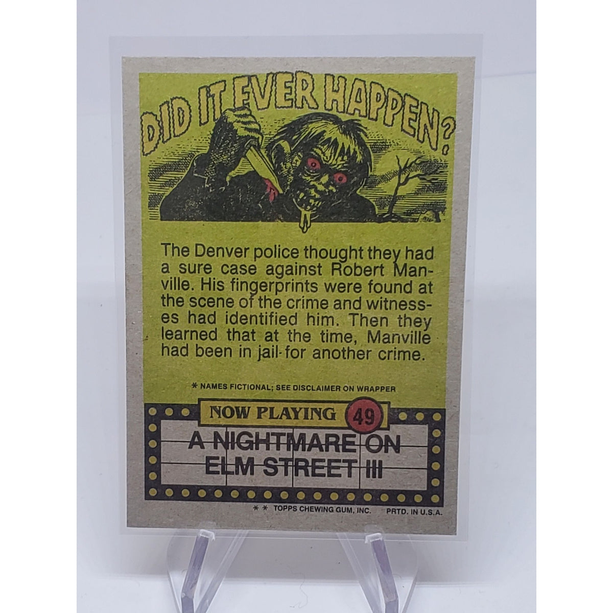 VINTAGE 1985 FRIGHT FLICKS TRADING CARD # 49 A NIGHTMARE ON ELM STREET III