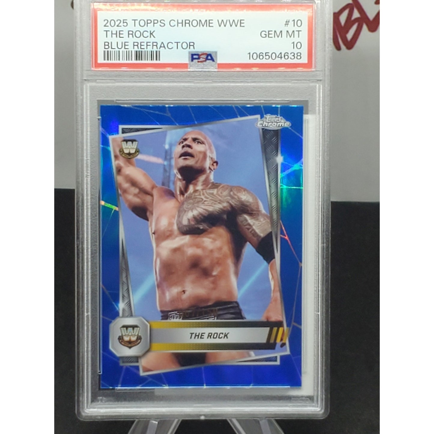 2025 TOPPS CHROME WWE THE ROCK BLUE REFRACTOR /150 PSA 10