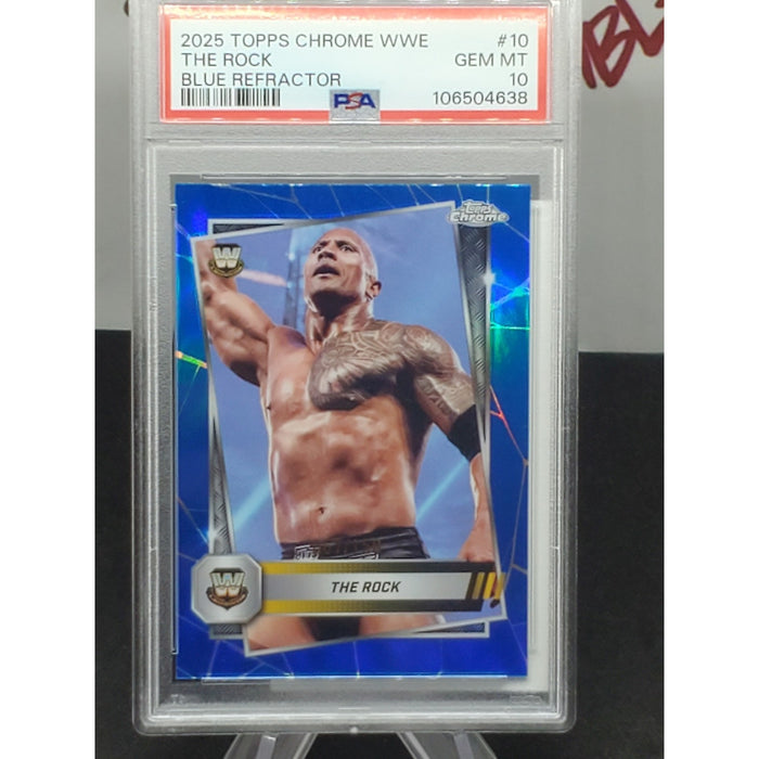 2025 TOPPS CHROME WWE THE ROCK BLUE REFRACTOR /150 PSA 10