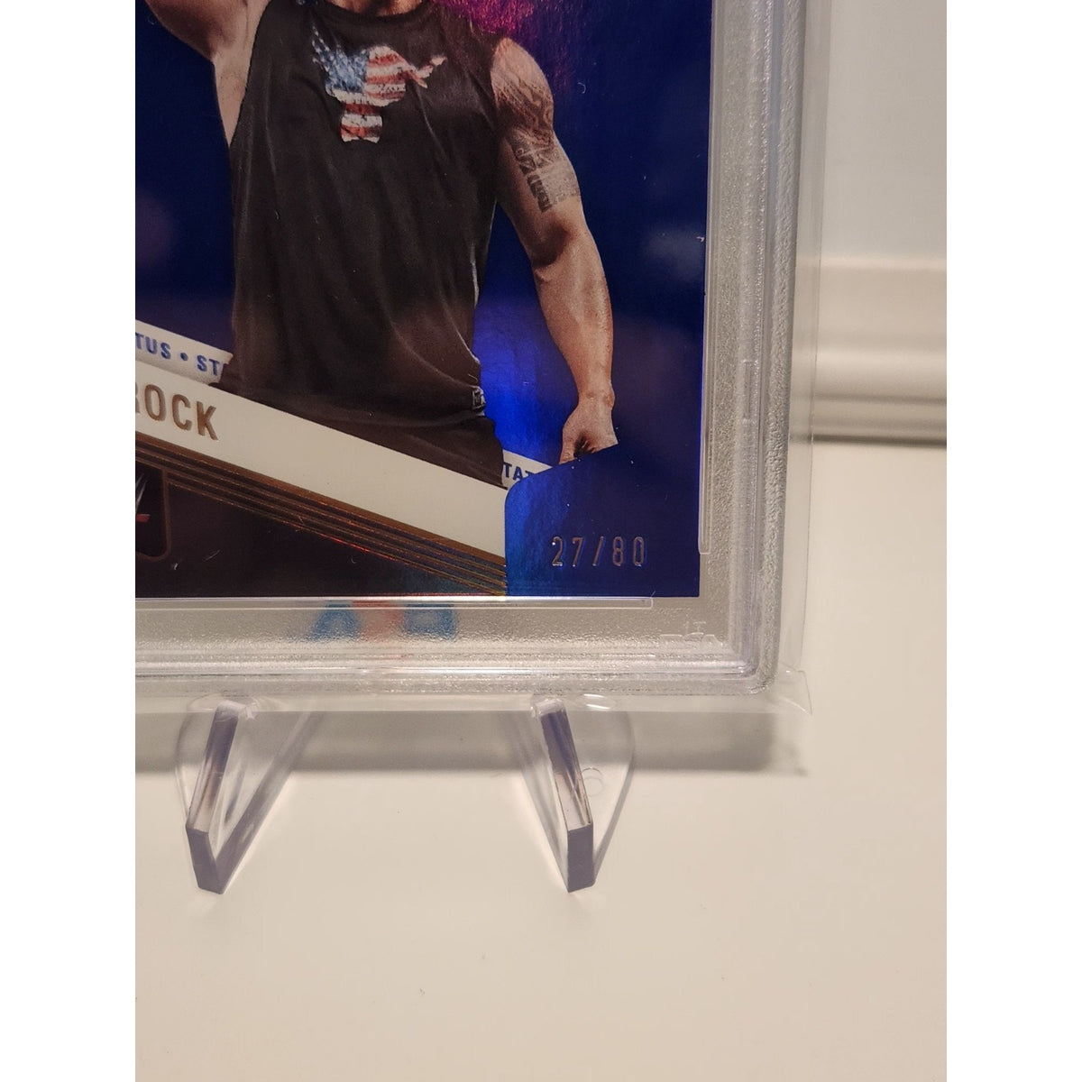 THE ROCK 2023 DONRUSS ELITE WWE SP BLUE STATUS #74/80 PSA 8
