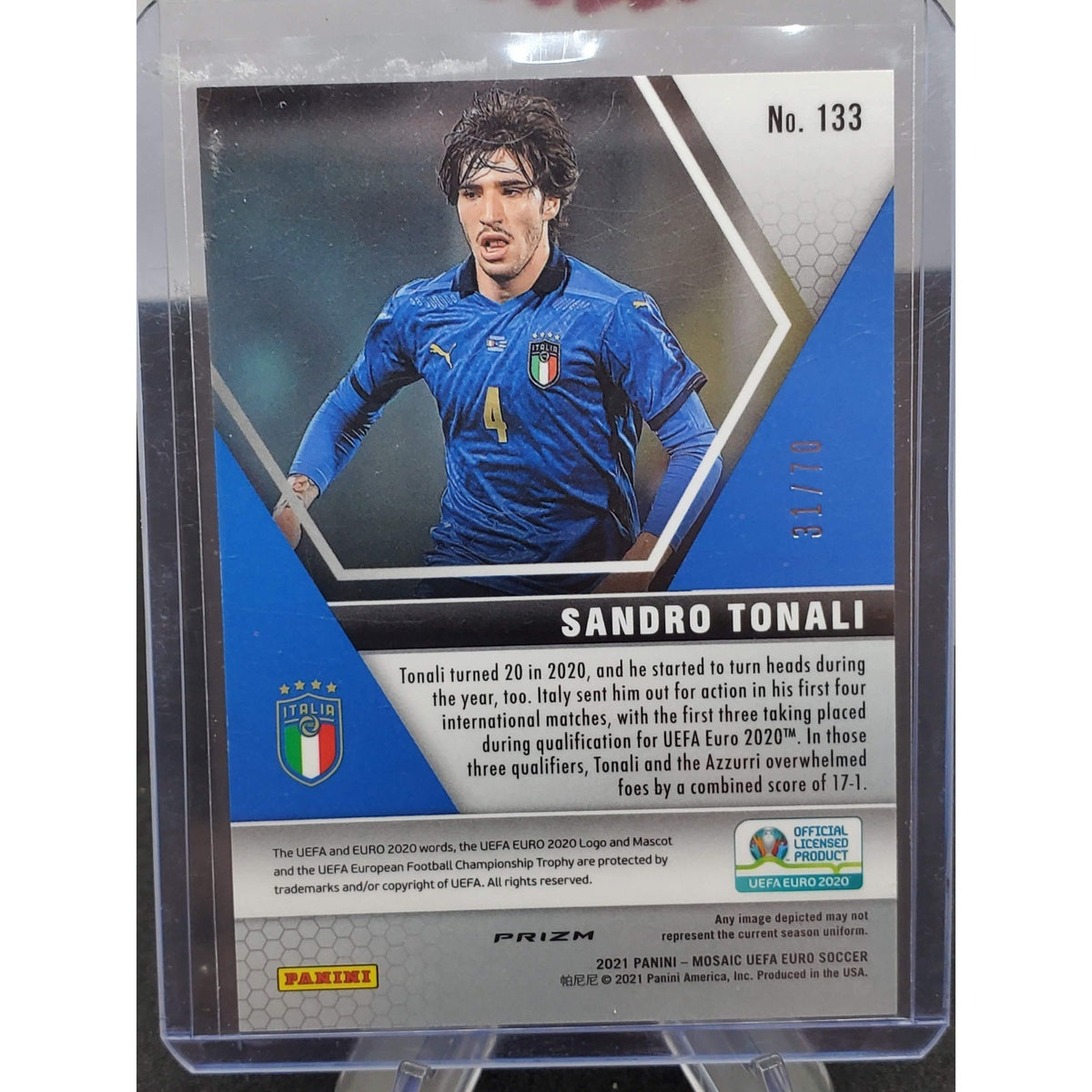 2021 Panini Mosaic UEFA Euro 2020 Sandro Tonali Italy Purple Flourescent /70 133