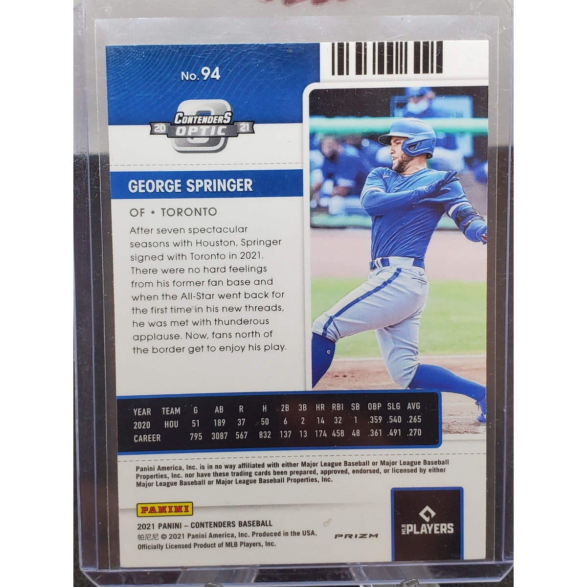 George Springer 2021 Panini Contenders Optic Silver Prizm #94 Toronto Blue Jays