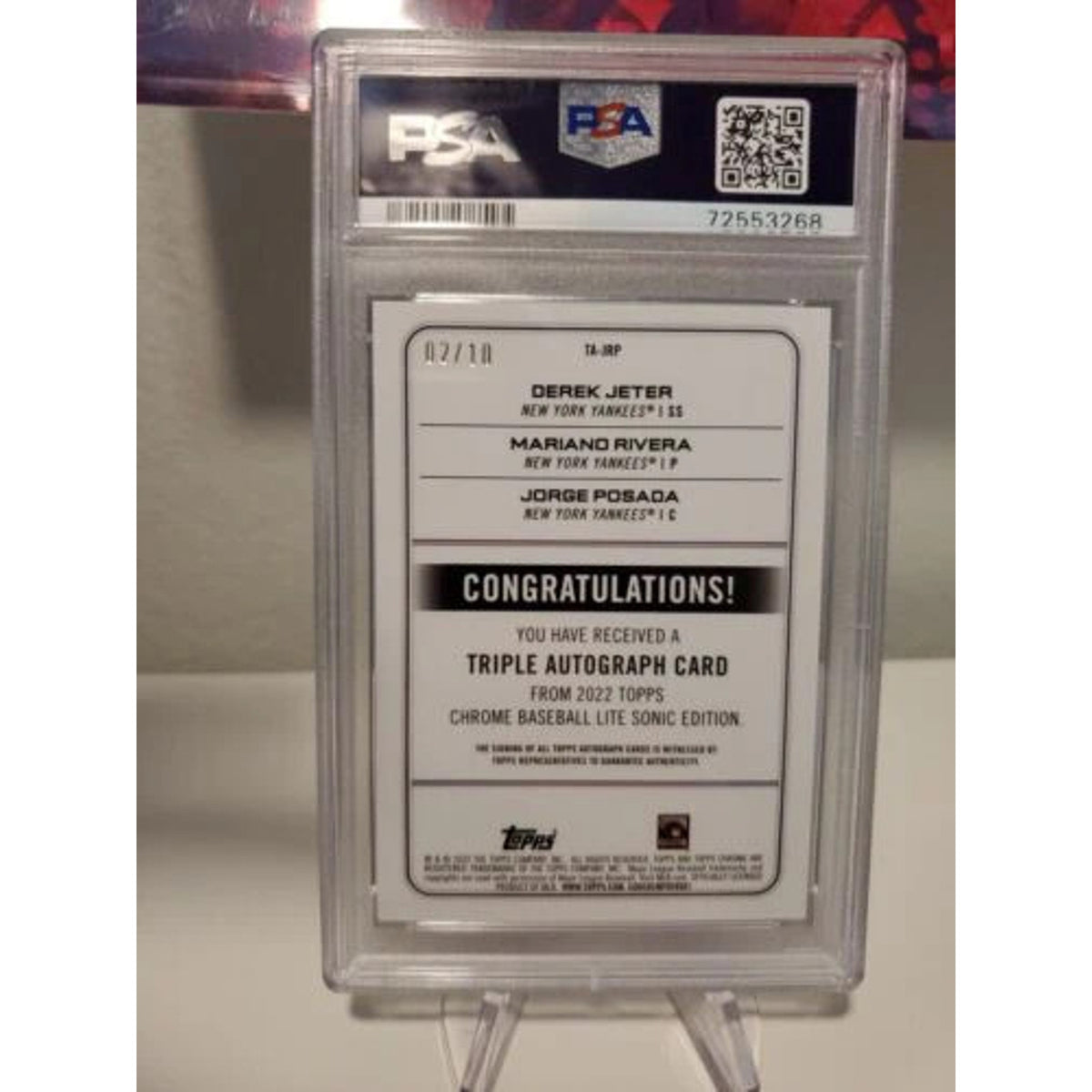 2022 TOPPS CHROME SONIC TRIPLE AUTO YANKEES - JETER, RIVERA, POSADA PSA 10 /10