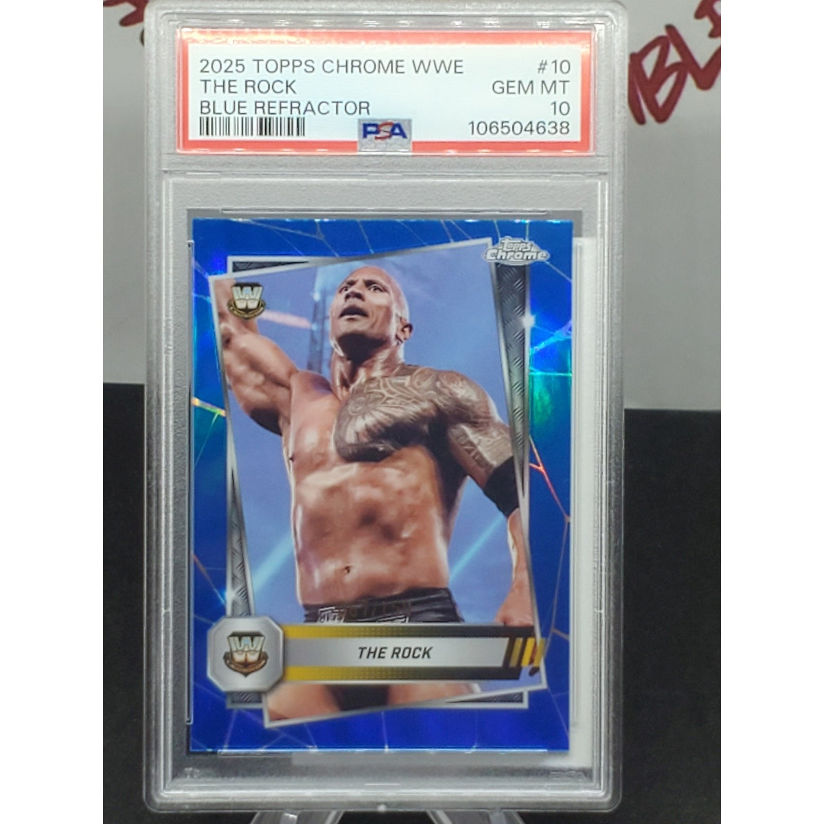 2025 TOPPS CHROME WWE THE ROCK BLUE REFRACTOR /150 PSA 10