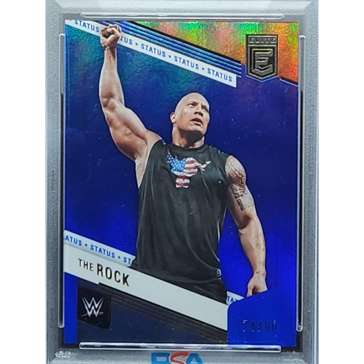 THE ROCK 2023 DONRUSS ELITE WWE SP BLUE STATUS #74/80 PSA 10 POP 1