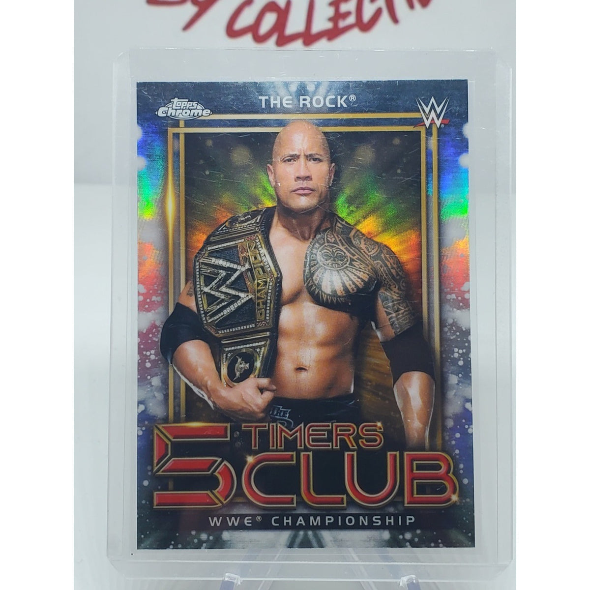 The Rock 2021 Topps Chrome WWE 5 Timers Club Refractor Insert Card #5T-17