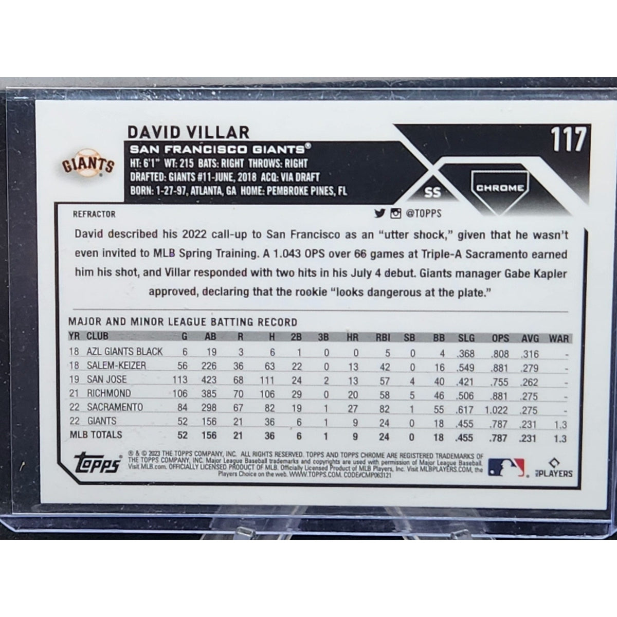 2023 Topps Chrome David Villar Rookie Refractor RC 🔥 San Francisco Giants