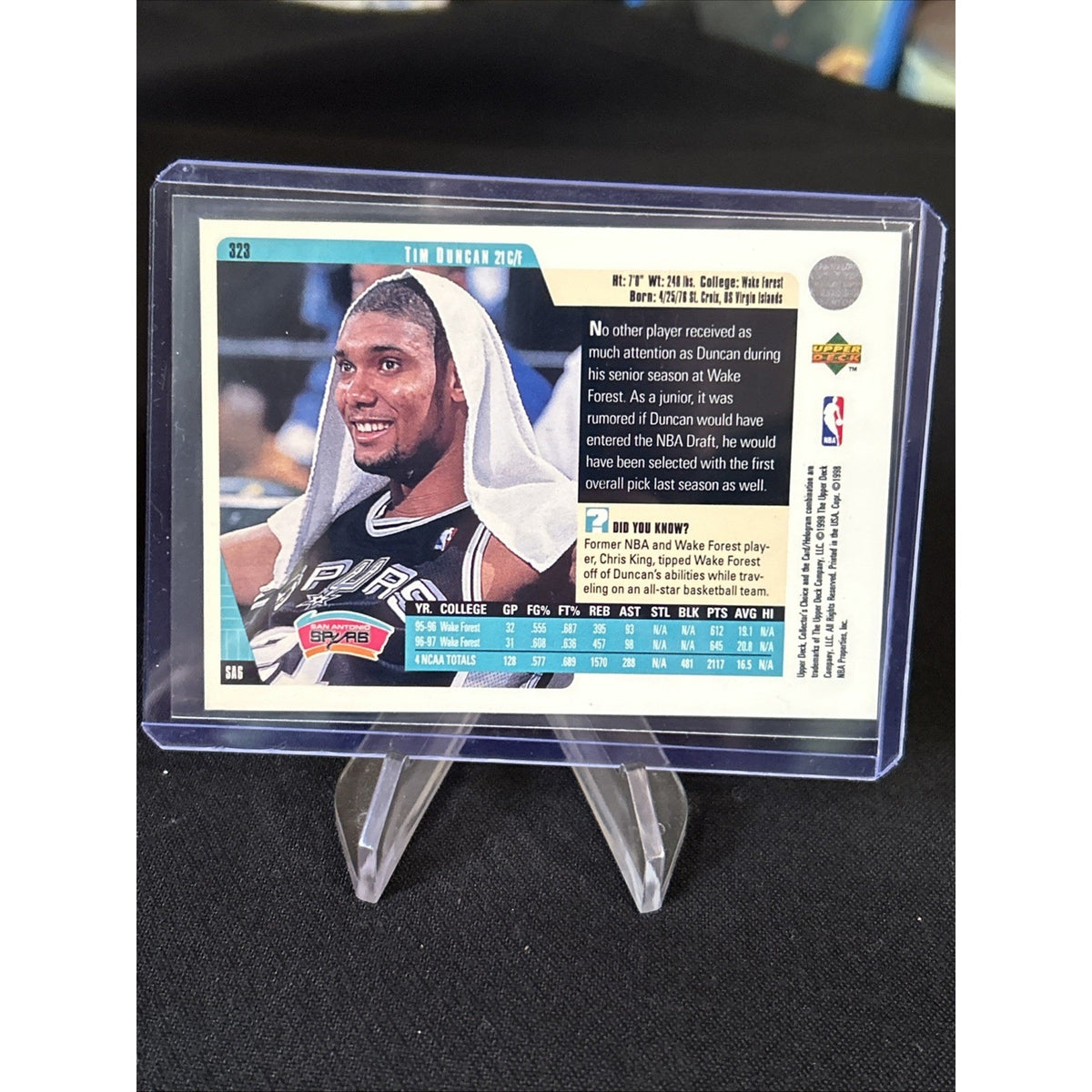 Tim Duncan 1997-98 Upper Deck RC Collector's Choice #323 Spurs - Excellent Cond