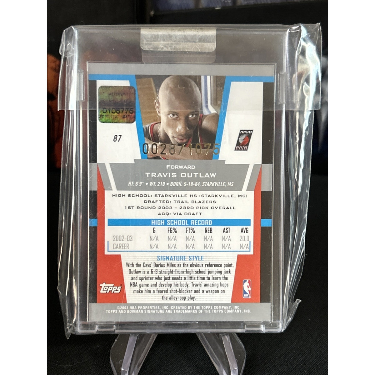 2003-04 Bowman Signature Travis Outlaw Rookie #87 RPA 0028/1075 Trail Blazers