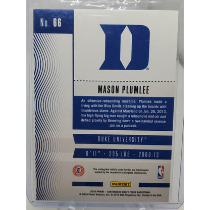 2016-17 Panini Contenders Draft Picks - Season Ticket Mason Plumlee #66 Draft...