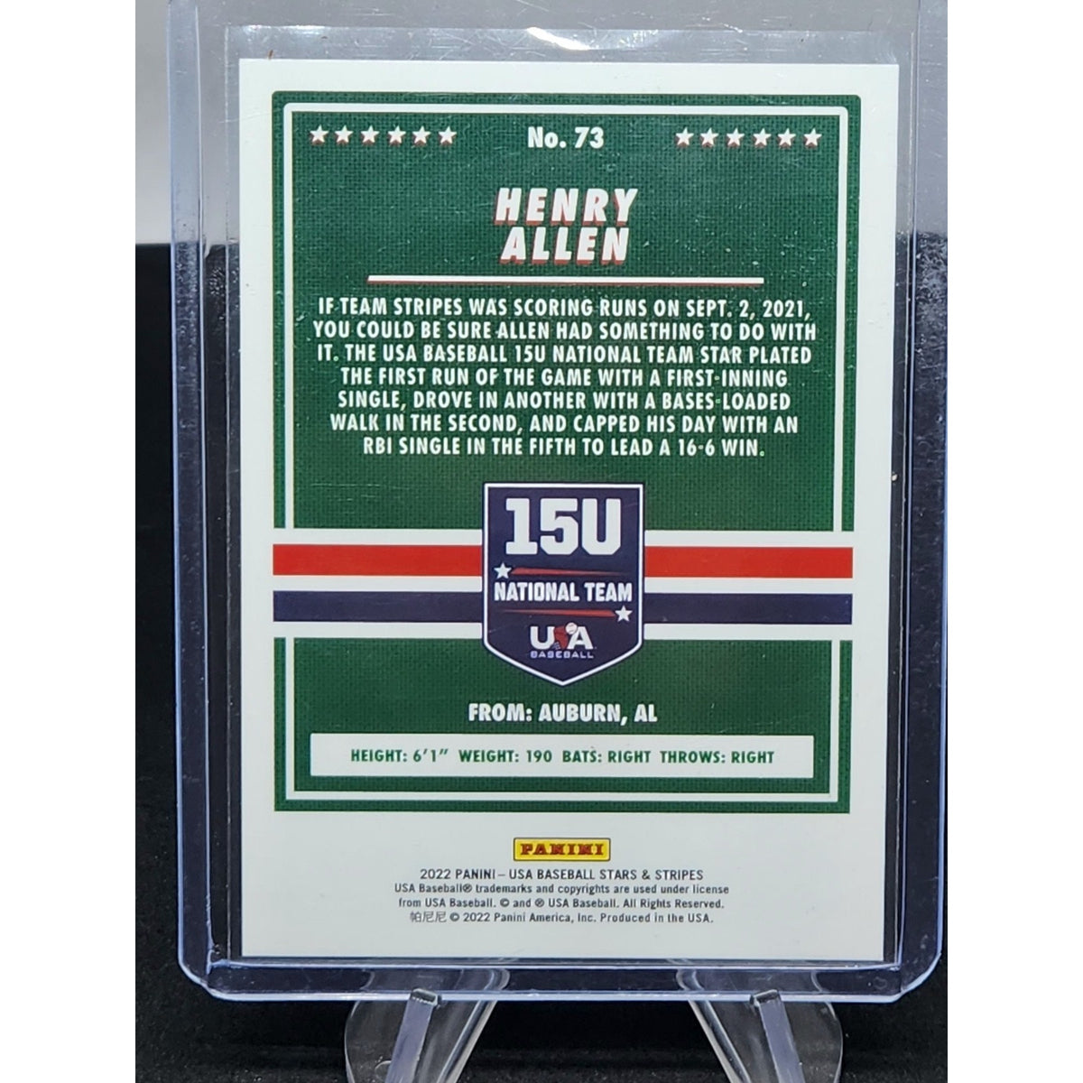 Henry Allen 2022 Panini Stars & Stripes USA Baseball #73 Card