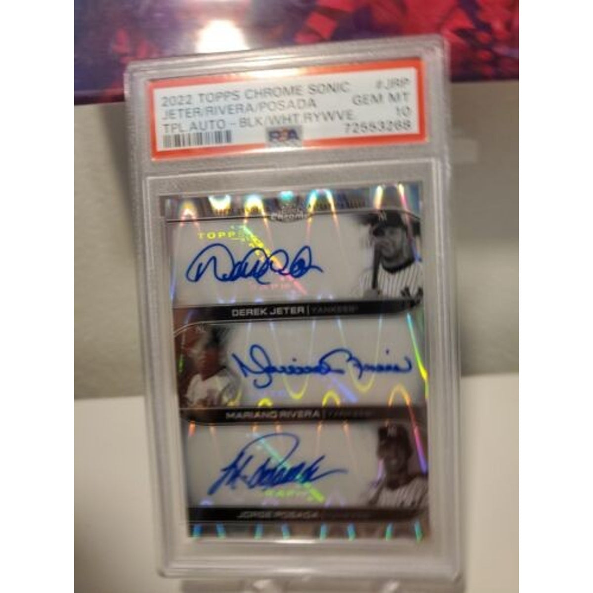 2022 TOPPS CHROME SONIC TRIPLE AUTO YANKEES - JETER, RIVERA, POSADA PSA 10 /10