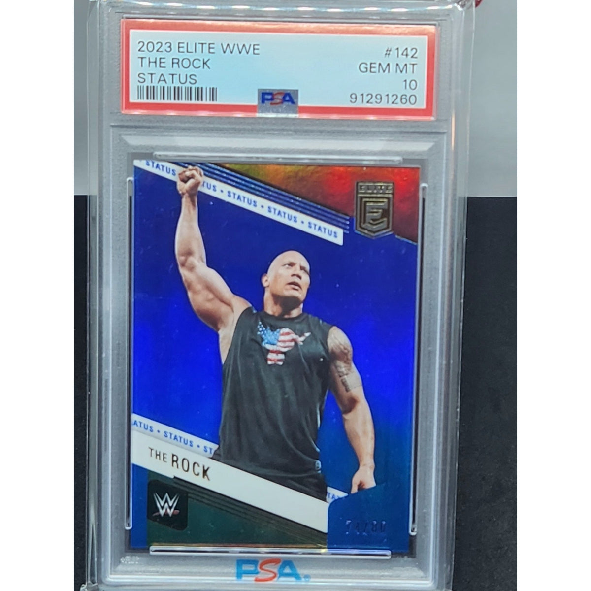 THE ROCK 2023 DONRUSS ELITE WWE SP BLUE STATUS #74/80 PSA 10 POP 1