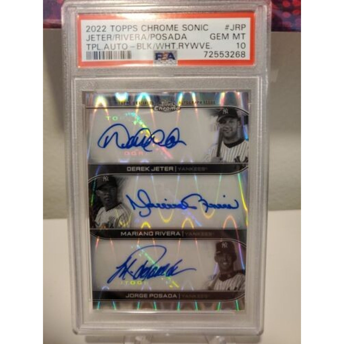 2022 TOPPS CHROME SONIC TRIPLE AUTO YANKEES - JETER, RIVERA, POSADA PSA 10 /10