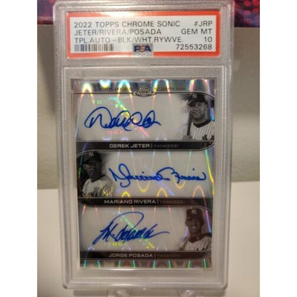 2022 TOPPS CHROME SONIC TRIPLE AUTO YANKEES - JETER, RIVERA, POSADA PSA 10 /10