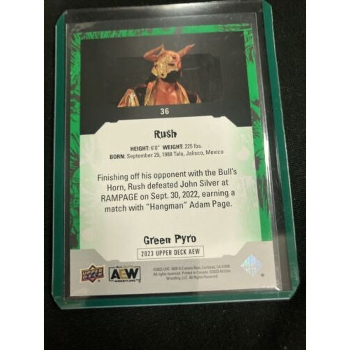 AEW Rush Green Pyro Holo No. 36 #012/349 2023 Upper Deck AEW Pack Fresh New